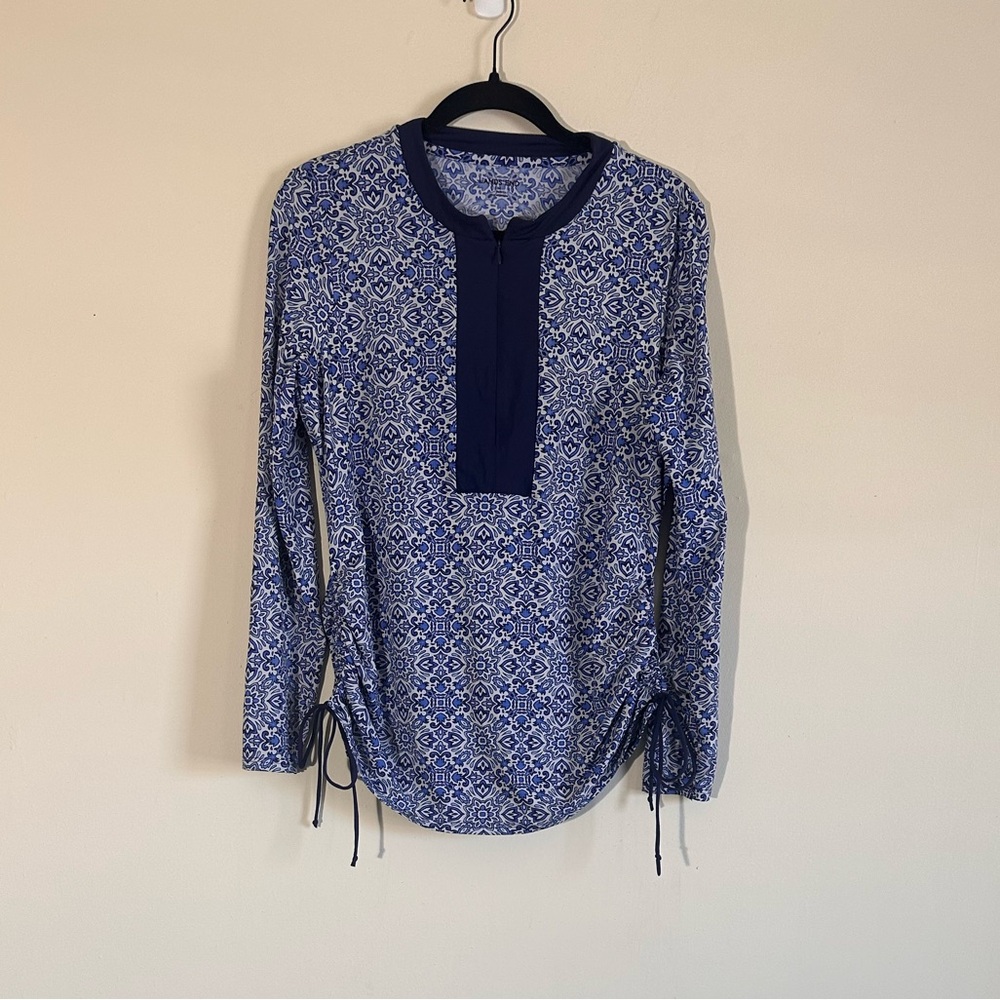 Lands End Rash Guard Long Sleeve Swim Top Side Tie Ruched Blue Size M
